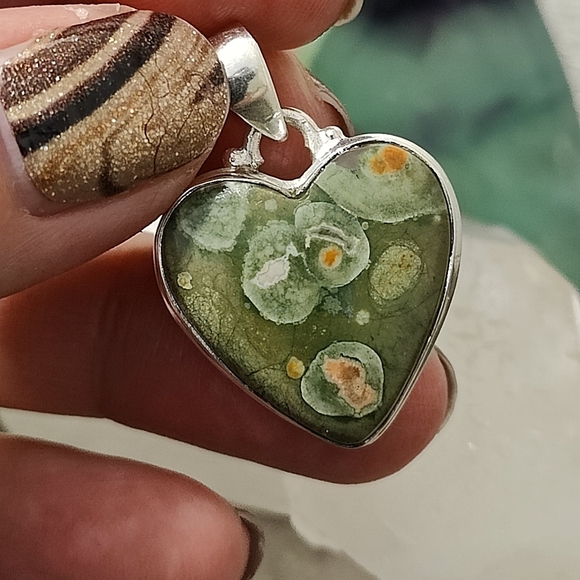 Natural Rhyolite Rainforest Jasper Heart pendant .925 - Picture 4 of 8